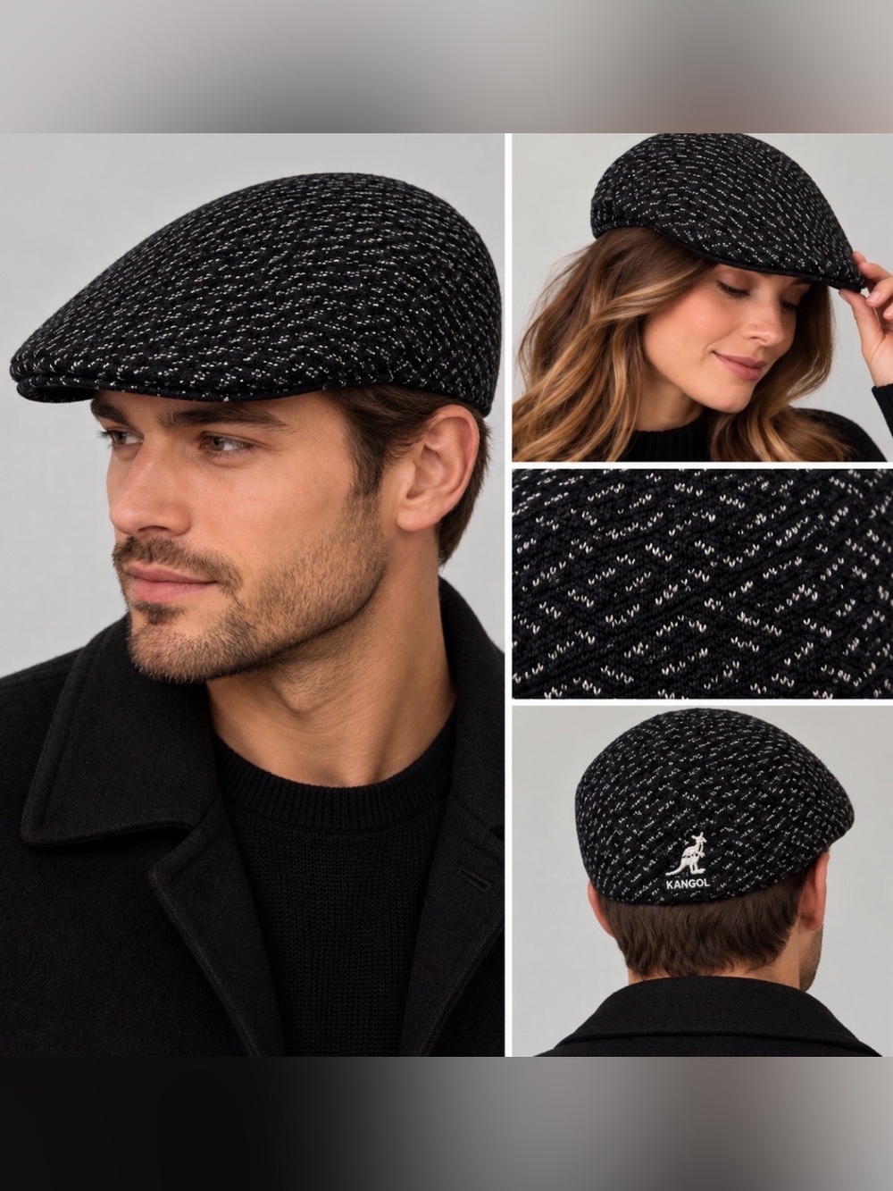 Kangol 504 Rangoli Textured Flat Cap Black Grey Large Unisex